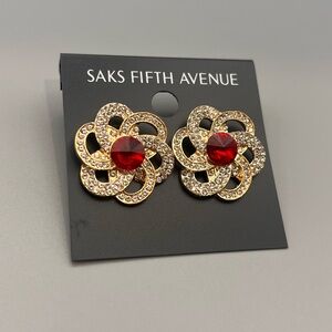 Saks Fifth Avenue Gold Earrings with Red Gem